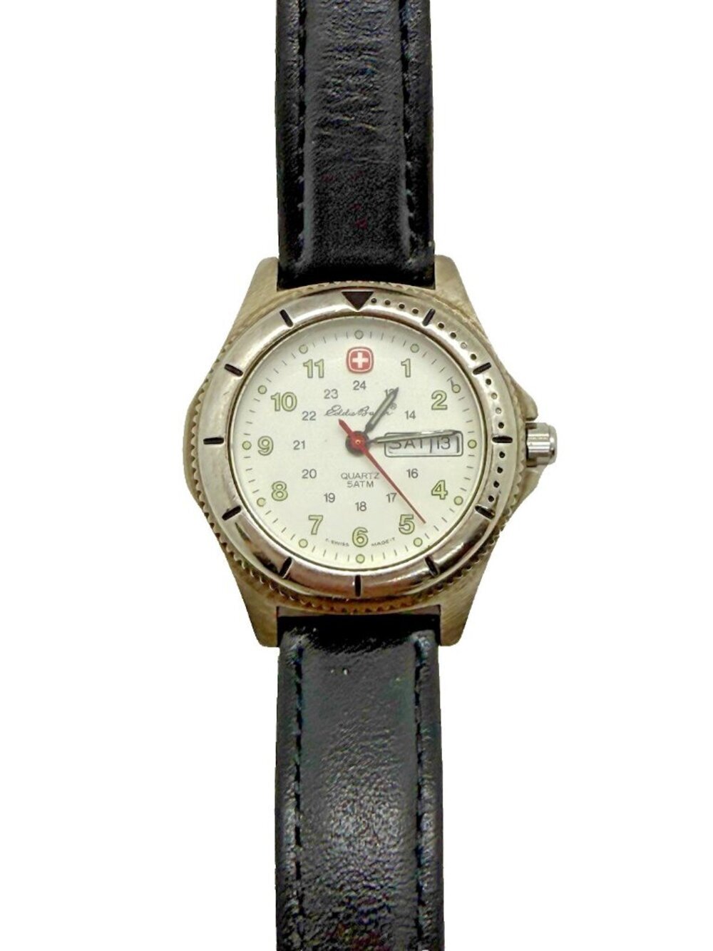 Vtg Eddie Bauer Swiss Quartz Watch 05800 Backlight Black Leather Band Day Date